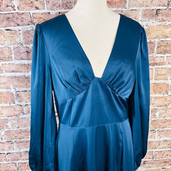 Aidan Mattox Teal Blue Satin V-Neck High-Low Midi Dress Bishop Sleeve Size 14 - Picture 7 of 16